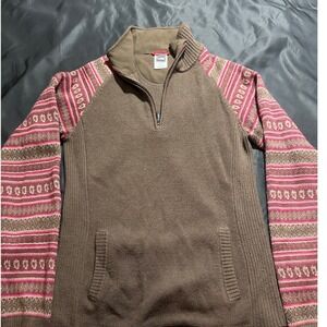 The North Face Womens Brown Fair Isle Quarter Zip Sweater Pink Pattern Medium